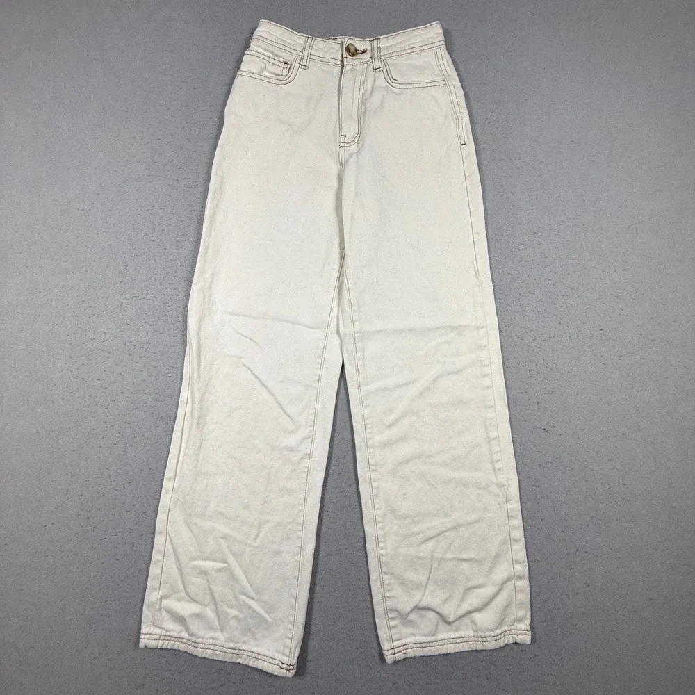 Zara Womens Cream Wide Leg Pants Contrast Stitch Cotton Linen Blend Size 0